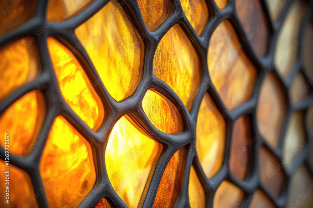 Aufkleber illuminated amber glass mosaic with dark framework, creating a honeycomb-like pattern.