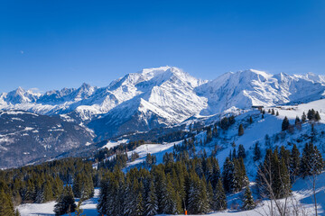 The Mont Blanc massif in Europe, France, Auvergne Rhone Alpes, Haute Savoie, Chamonix, in summer, on a sunny day.