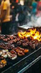 Vibrant Street Grill with Assorted Meats and Flames in Action