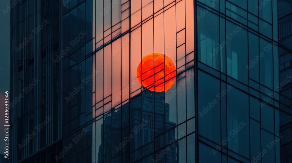 Poster sunset reflected in modern building windows