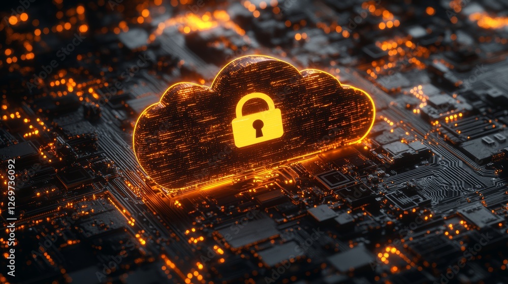 Poster a sophisticated digital image with a neon cloud and lock glowing brightly, surrounded by complex cir
