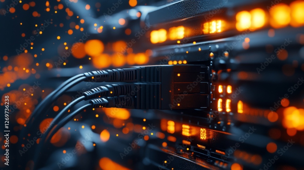 Poster a sleek and advanced representation of a digital network, featuring colorful ethernet cables attache