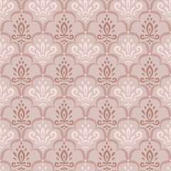 Fototapeta premium Damask seamless pattern in beige colors. Repeating design with floral motifs for textile, wallpaper, silk, scarf. Monochromatic elegant backdrop in oriental style