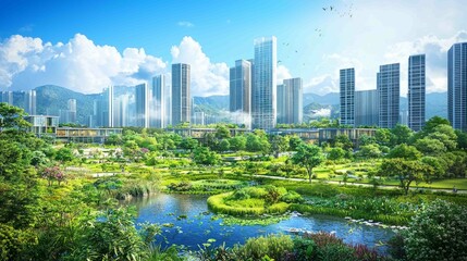 Fototapeta premium Vibrant Urban Redevelopment Scene in a Reclaimed Natural Area