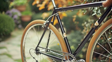 Vintage Bicycle Frame with Subtle Dent in a Garden Setting