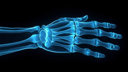 A comprehensive X-ray illustration of the human hand anatomy, highlighting the detailed structure of bones, joints, and ligaments, against a gradient blue background for healthcare and scientific