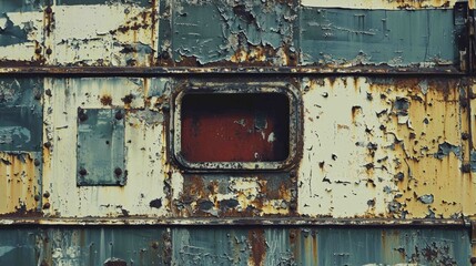 Vintage Dented Metal Structure with Rusty Textures and Window Frame