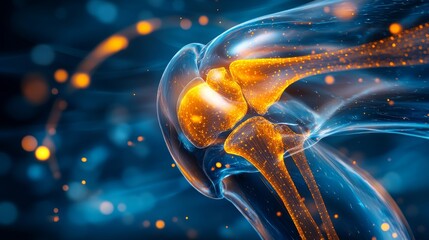 An intricate 3D medical depiction of the human knee joint's internal anatomy, accentuated by a glowing red-orange pain zone that emphasizes the ligaments, cartilage, and other crucial components