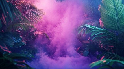 Tropical plants are shrouded in colorful smoke and fog