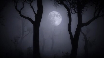 Full moon shining through misty forest at night.