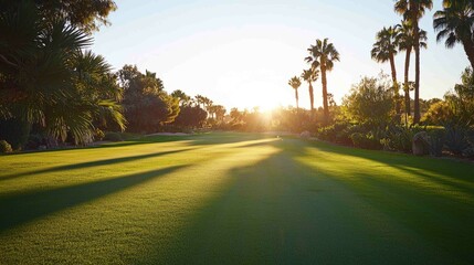 Warm Afternoon Light on Lush Lawn with Soft Shadows and Palms
