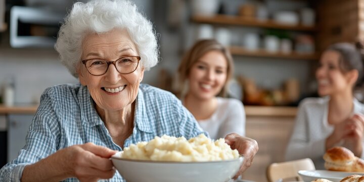 A grandmother with a warm smile setting down a bowl of homemade mashed potatoes, family members chatting around the table