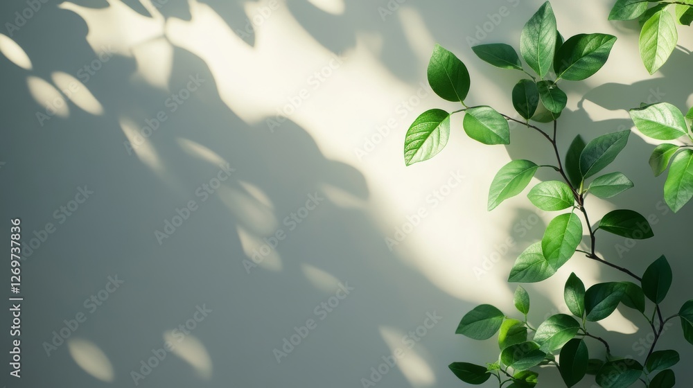 Poster the soft, abstract shadows of tree leaves gently fall on a clean white wall, forming a soothing and 