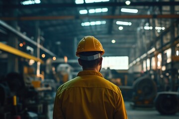 Professional Caucasian manager engineer wearing safety hardhat is training industry worker, workshop factory operator, mechanical engineering team production in heavy industrial manufacture factory.