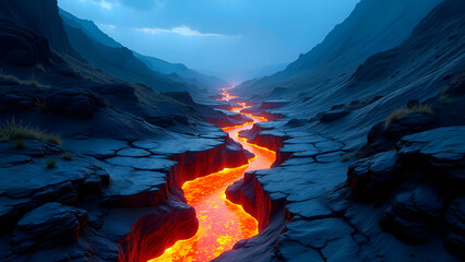 Lava flows, orange glow, obsidian, cracked earth, magma, glowing rocks, ancient landscapes, petrified trees, volcanic terrain, fiery canyons, burning rock formations, molten lava paths