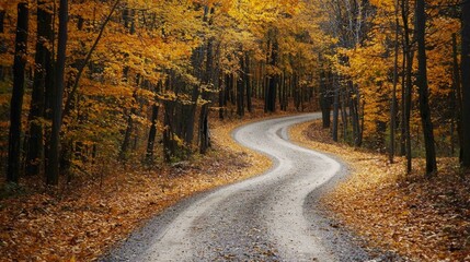 Winding Gravel Road Through Golden Autumn Forest Scenic View