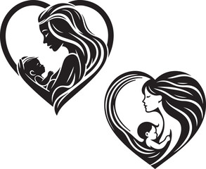 a black and white illustration of a mother and her baby in the shape of a heart. Happy Mother's day .  