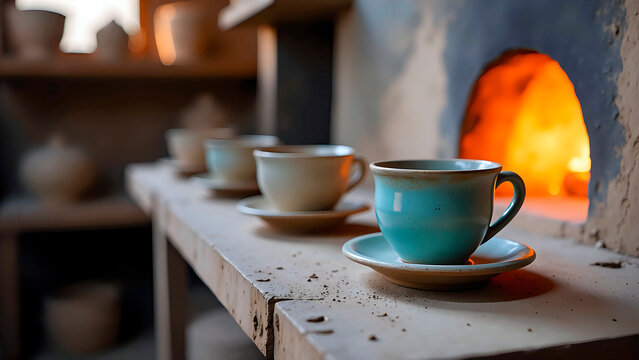 A kiln is seen with a glowing fire, surrounded by clay pots and various ceramics.