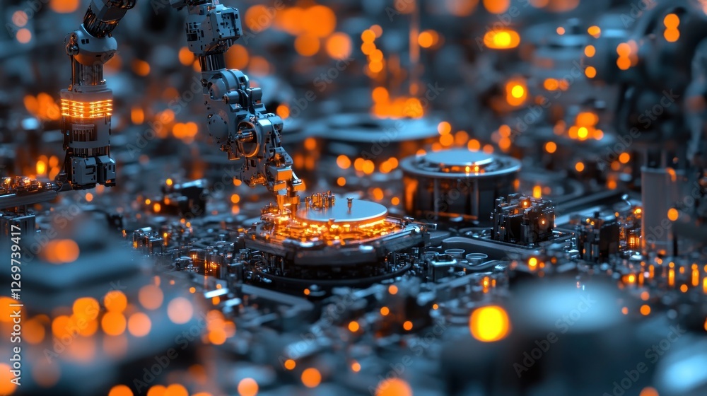 Poster Robotic Arm Assembling Futuristic Circuit Board Technology