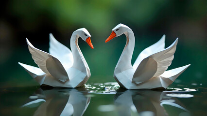 Fototapeta premium Origami swans made from paper representing quantum observation, with flapping wings and uncertain states.