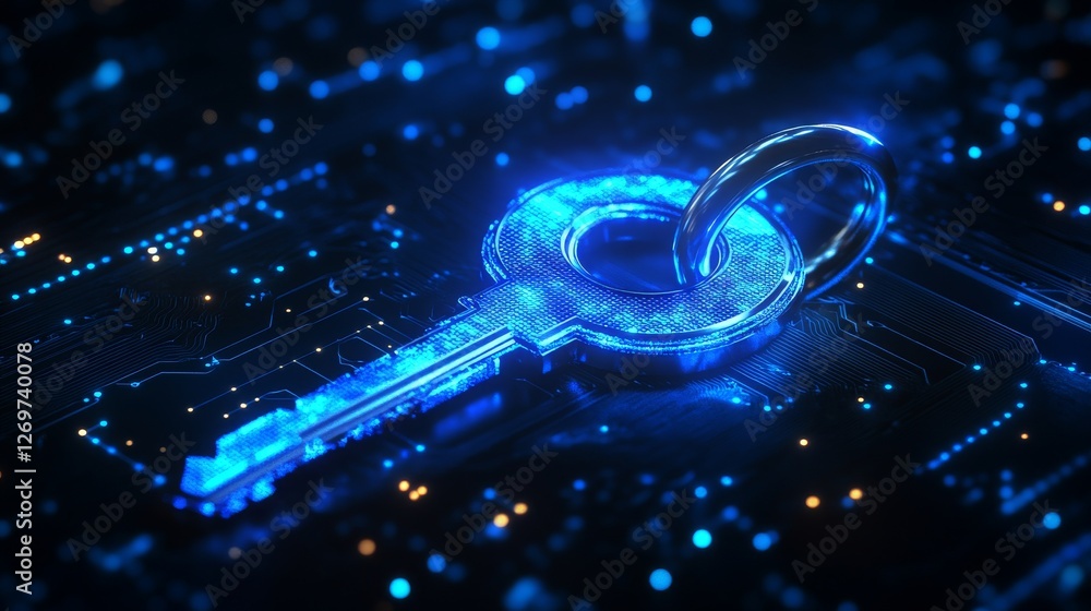 Poster a visual depiction of a bright digital key surrounded by detailed circuit patterns on a high-tech ba