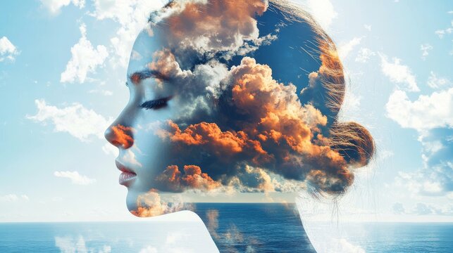 An illustration of mental health themes, with a face displaying contrasting emotions, encircled by symbolic imagery like waves, clouds, and bright colors to represent anxiety and stress