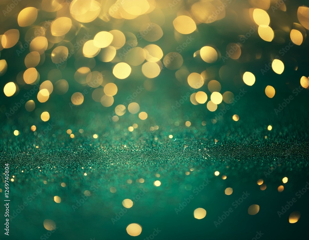 Aufkleber abstract bokeh photo texture of blurred golden lights on emerald green gradient background
