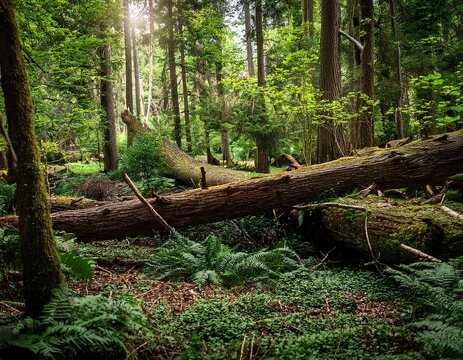 fallen trees in dense forest after storm creating tranquil woodland landscape with lush greenery and natural debris - Powered by Adobe