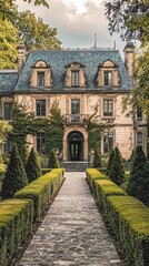 Naklejka premium Elegant Mansion with Grand Porte Cochere and Lush Green Landscaping