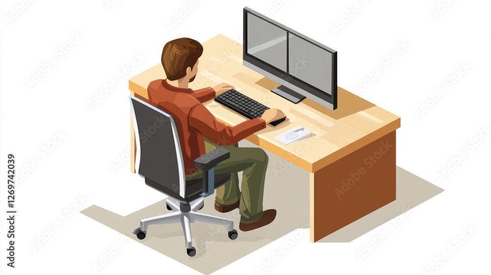 Poster man working at computer isometric view