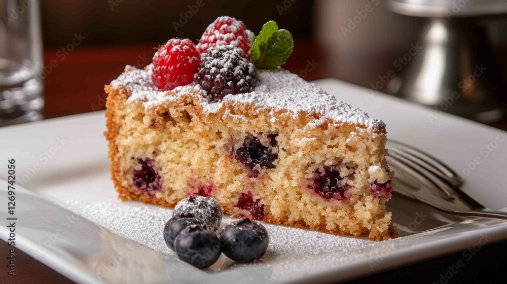 Poster an inviting slice of crumb cake with light dusting of sugar
