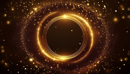 horizontal banner of golden glowing dust particles round frame abstract luxury gold background design