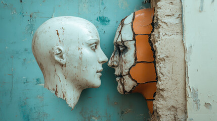 Two human, A surreal melting wax figure confronts solid ice, showcasing high fidelity digital art in a unique blend of textures.