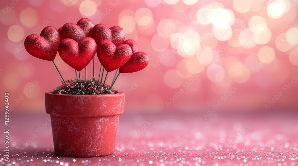 Poster a smooth red gradient backdrop with scattered red hearts of varying sizes, forming a vibrant and rom
