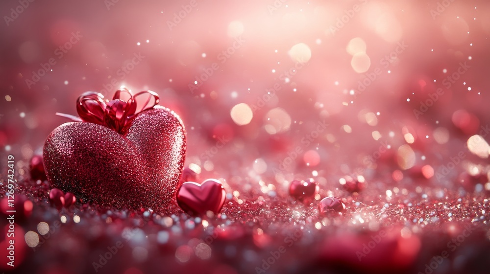 Poster a romantic valentine's day setting with layered shiny red hearts floating on a soft crimson textured