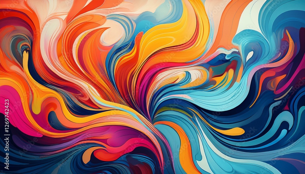 Poster abstract art piece featuring swirling colors and dynamic shapes blending vibrant hues and smooth tra