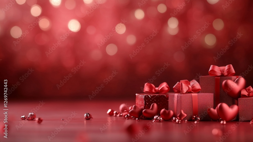Poster an elegant valentine's day background with glossy red hearts layered and floating on a soft, texture