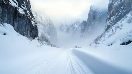 Obraz premium Mountain Pass â€“ A narrow mountain pass, with sheer cliffs rising on both sides, covered in deep snow. The path is marked by tire tracks leading through the snowstorm.
