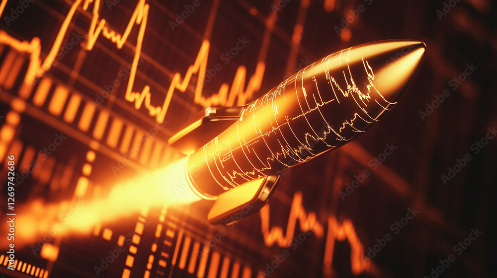 Poster close-up of a rocket flying through a digital grid, with fiery exhaust and orange glowing lines, sym