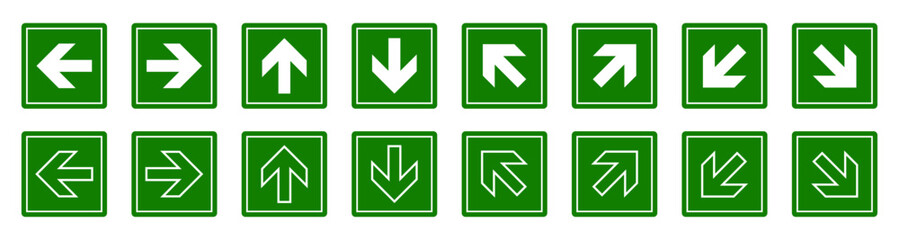 Set of emergency exit directional sign symbol. Set of arrows pointing in different direction. Green directional banners with white arrows. Vector illustration.
