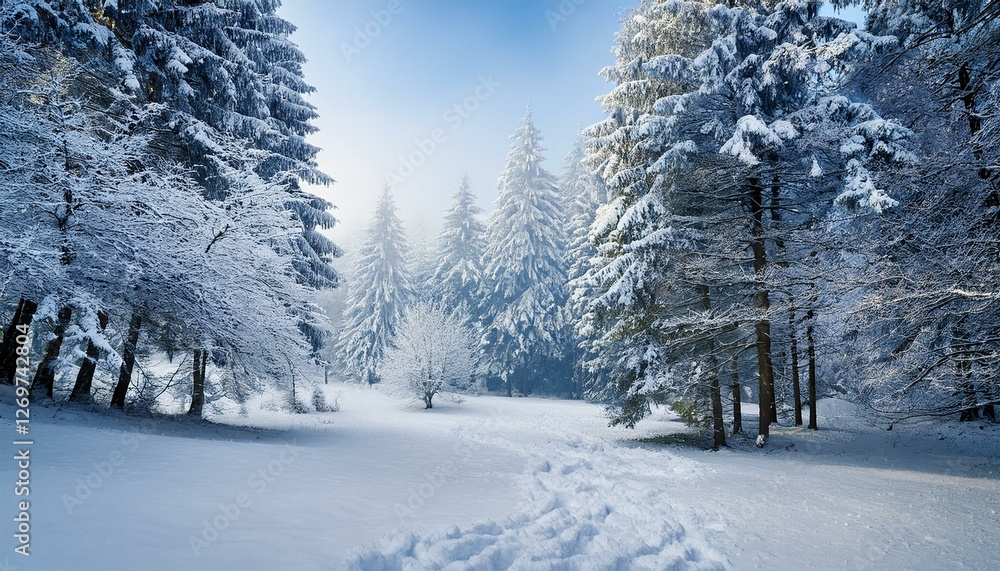 Poster winter forest scene with snow covered ground frosty trees and gentle snowfall creating a serene tran