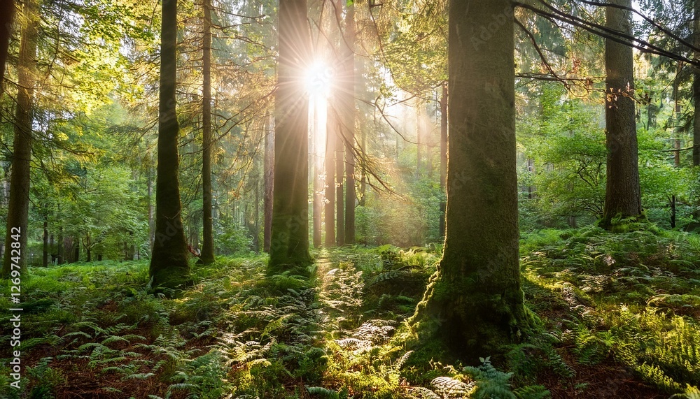 Poster sunlight filtering through lush trees in a serene forest landscape creating a warm and inviting wood