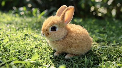Fototapeta premium Cute brown rabbit sitting on a green field with natural sunlight.