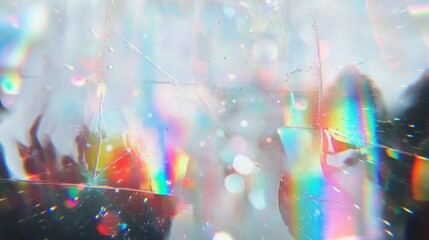 Light lens flare overlay. Photo of sun ray diffraction with scratch, dust and  leaks. Holographic effect background.