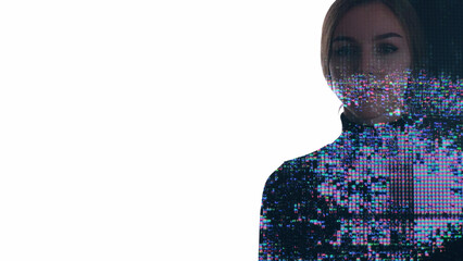 Artificial silhouette. Intelligence technology. Double exposure colorful iridescent liquid crystal glitch woman isolated on white empty space background.