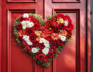 a red door with a heart made of flowers on it