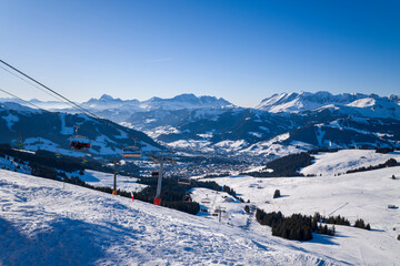 The chairlifts of Mont Joux in Megeve in Europe, France, Auvergne Rhone Alpes, Haute Savoie, Megeve, in summer, on a sunny day.