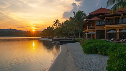 Obraz premium luxury beachfront resort with private villas, infinity pools, and tropical landscaping, sunset golden light