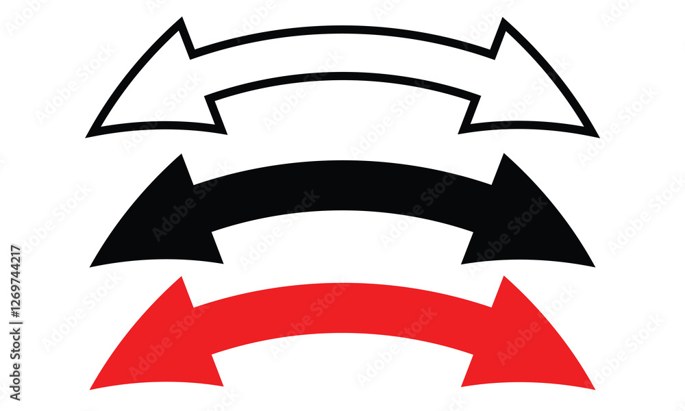 Poster red white and black double headed arrow icon set. double headed curve arrow illustration on white ba
