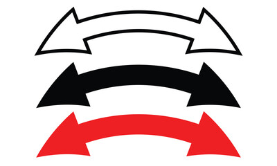 Red white and black double headed arrow icon set. Double headed curve arrow illustration on white background. Two side arrow icon vector on white background. Dual sided curved arc arrow shape.